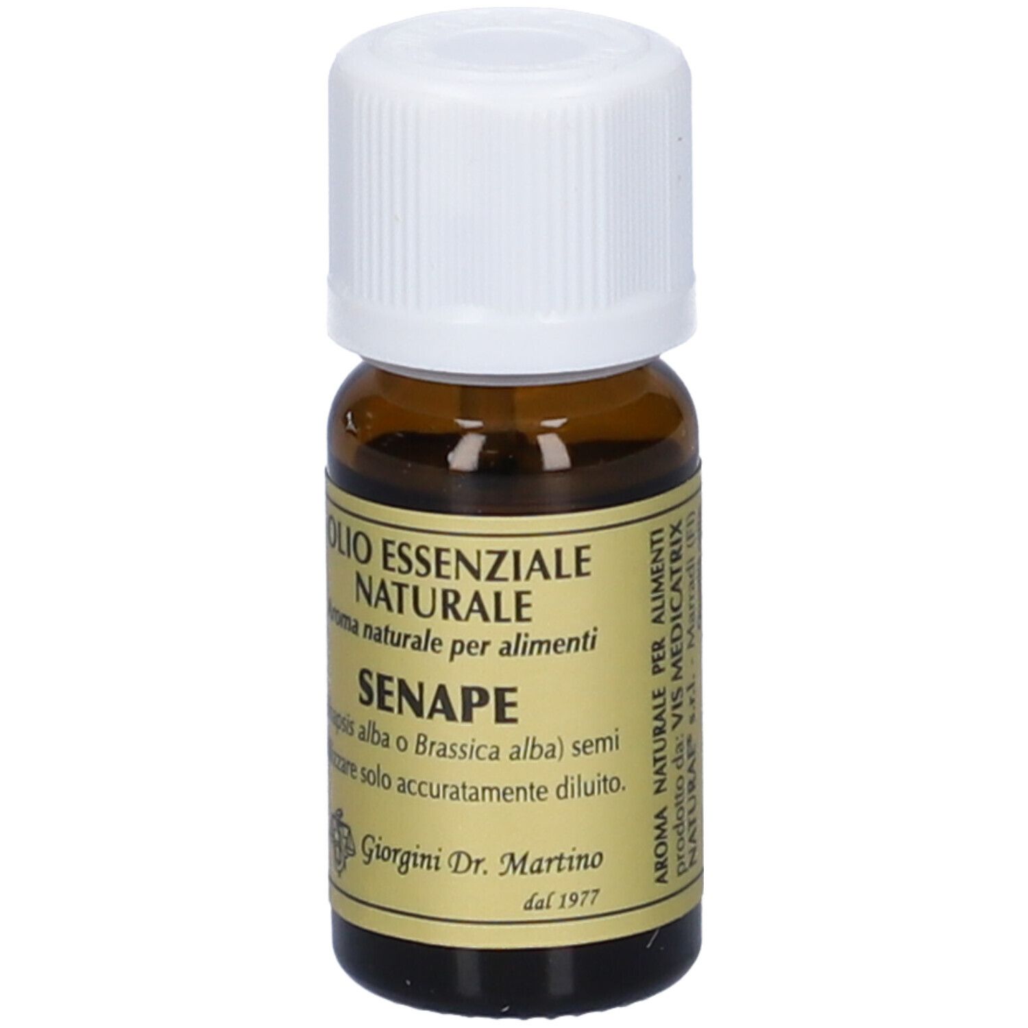 Flacone di Senape Olio Essenziale 10 ml. Scritte: Olio Essenziale Naturale, Senape, Aroma naturale per alimenti. Tappo bianco.