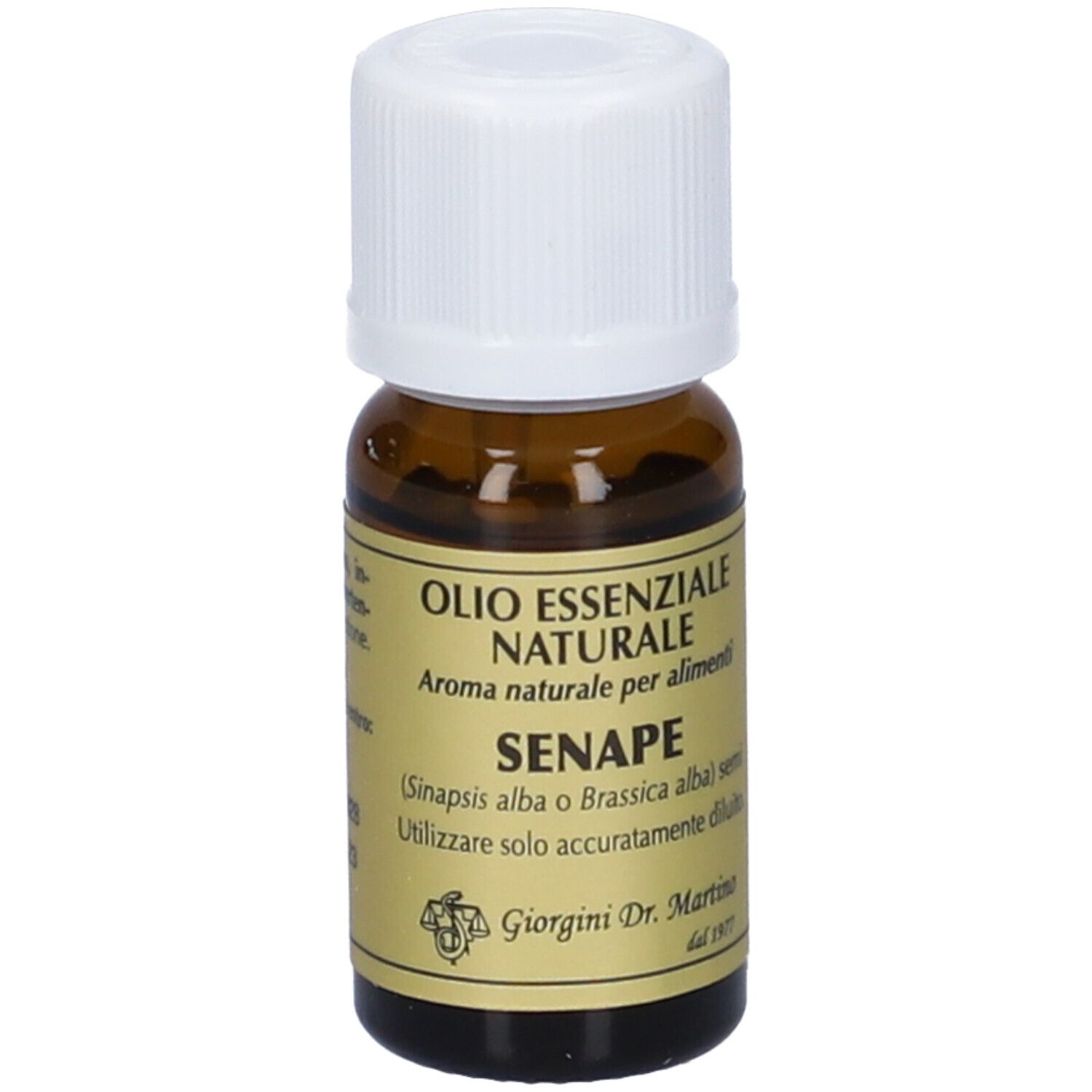 Flacone di Senape Olio Essenziale 10 ml. Scritte: Olio Essenziale Naturale, Senape, Aroma naturale per alimenti. Tappo bianco.