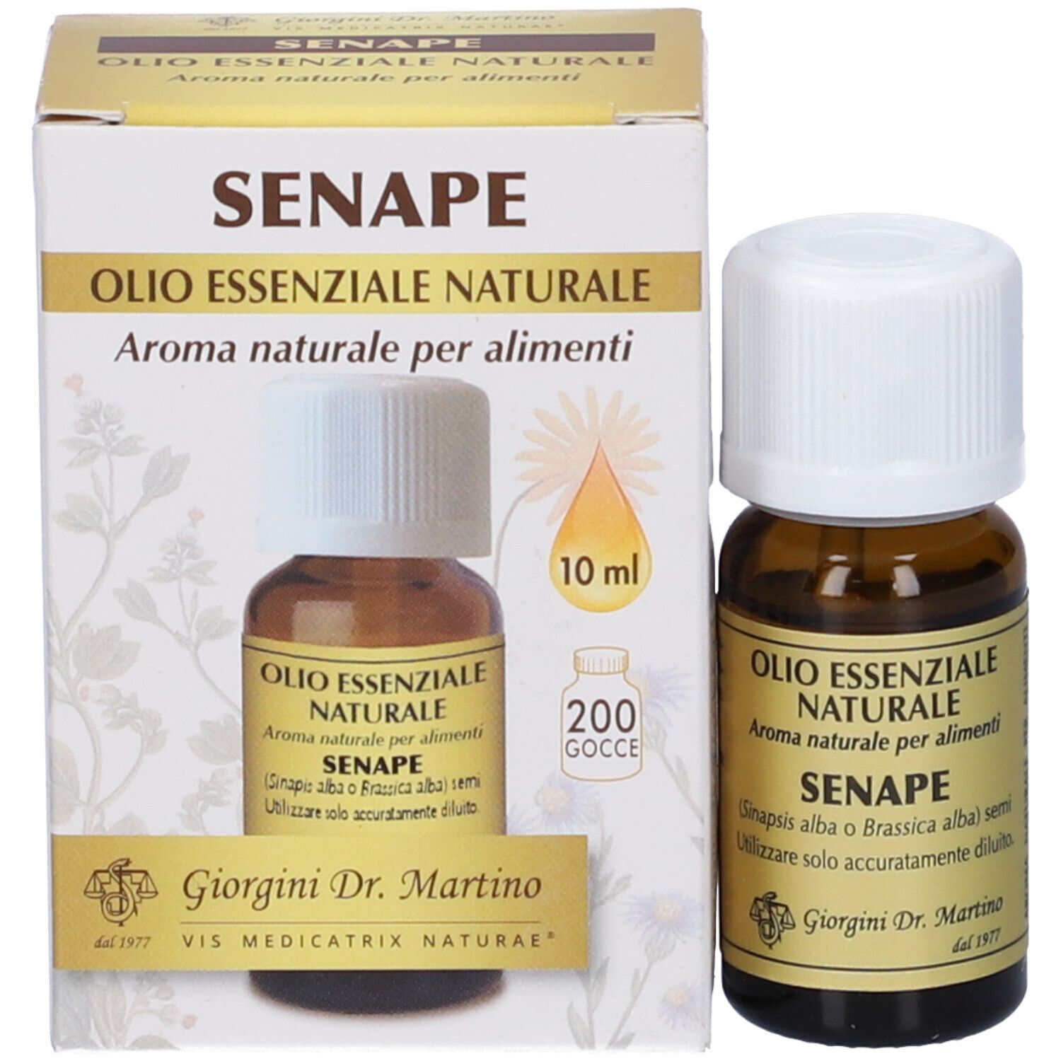 Flacone e confezione di Senape Olio Essenziale 10 ml. Scritte: Senape, Olio Essenziale Naturale, Aroma naturale per alimenti.