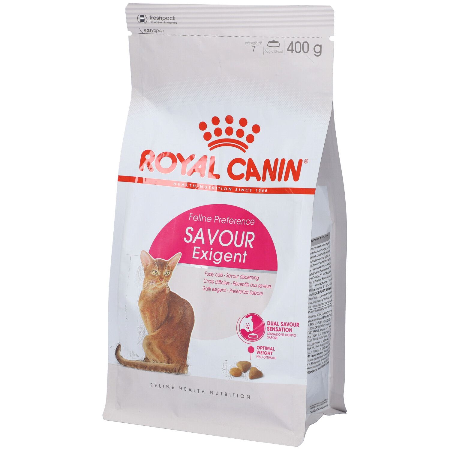 Verpackung Katzenfutter. Marke Royal Canin. Aufdruck: Feline Preference Savour Exigent. Abbildung einer Katze. 400 g.