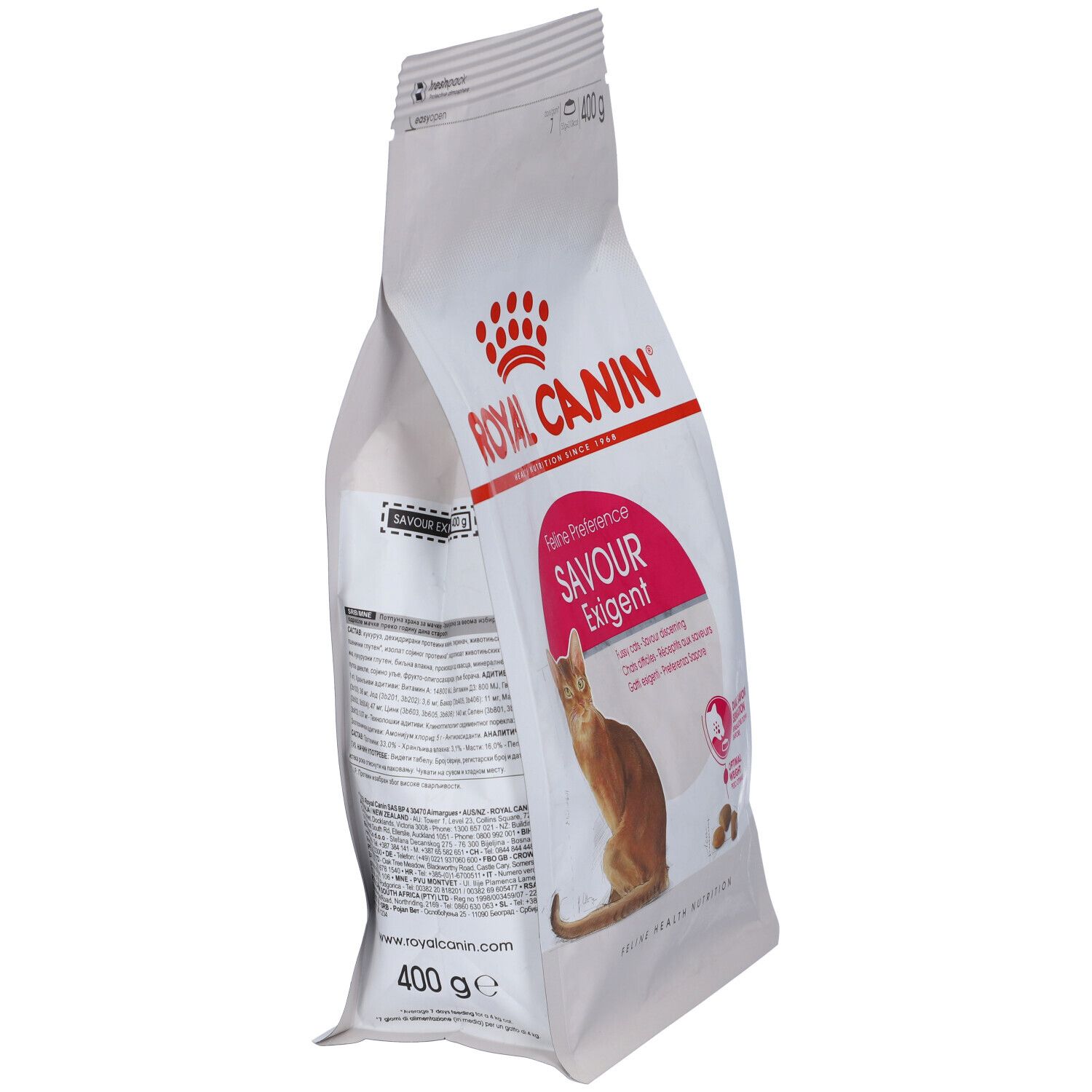 Schrägansicht der Verpackung Katzenfutter Royal Canin. Aufdruck: Feline Preference Savour Exigent. 400 g.