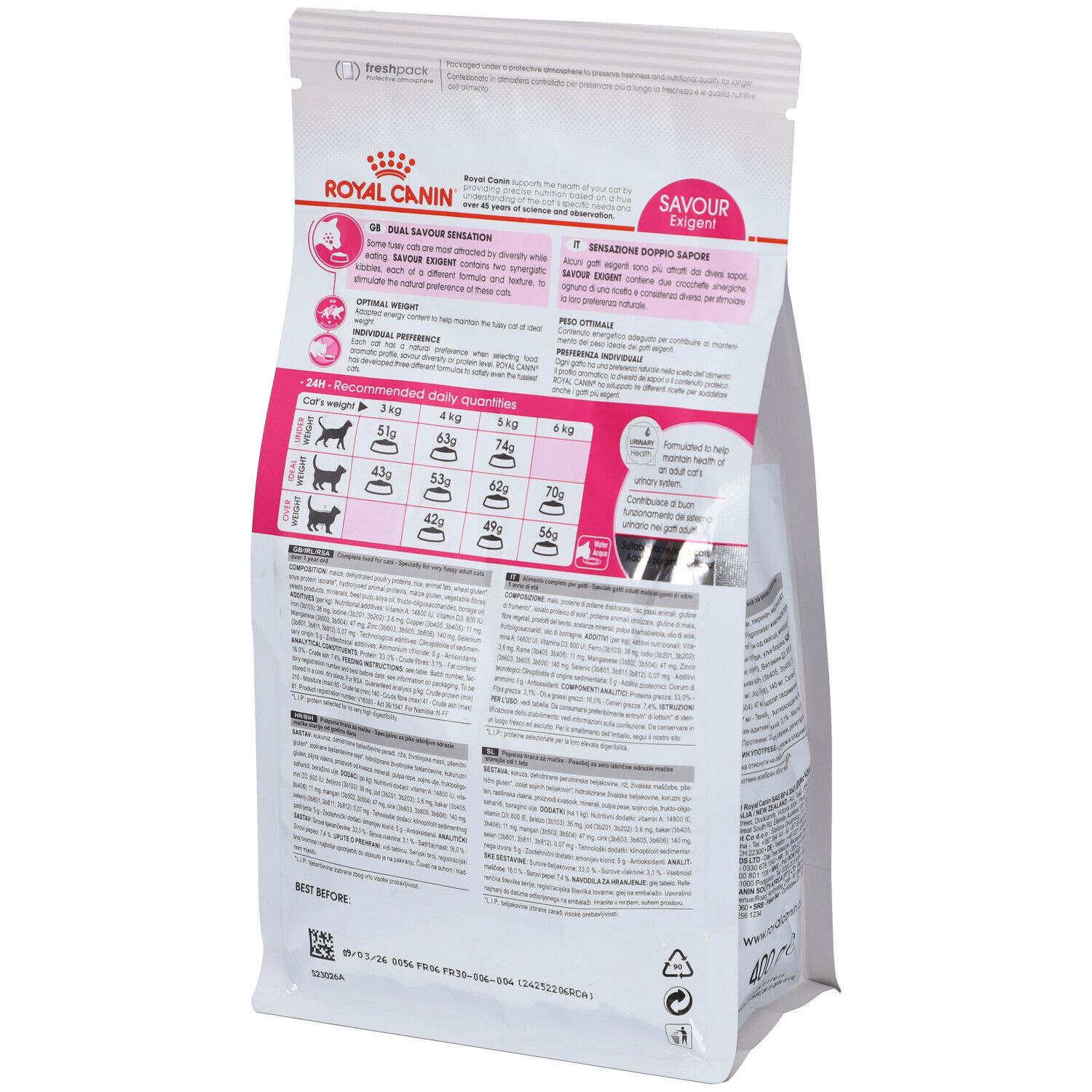 Rückseite der Verpackung Katzenfutter Royal Canin. Text und Diagramme. Informationen zur Fütterung.