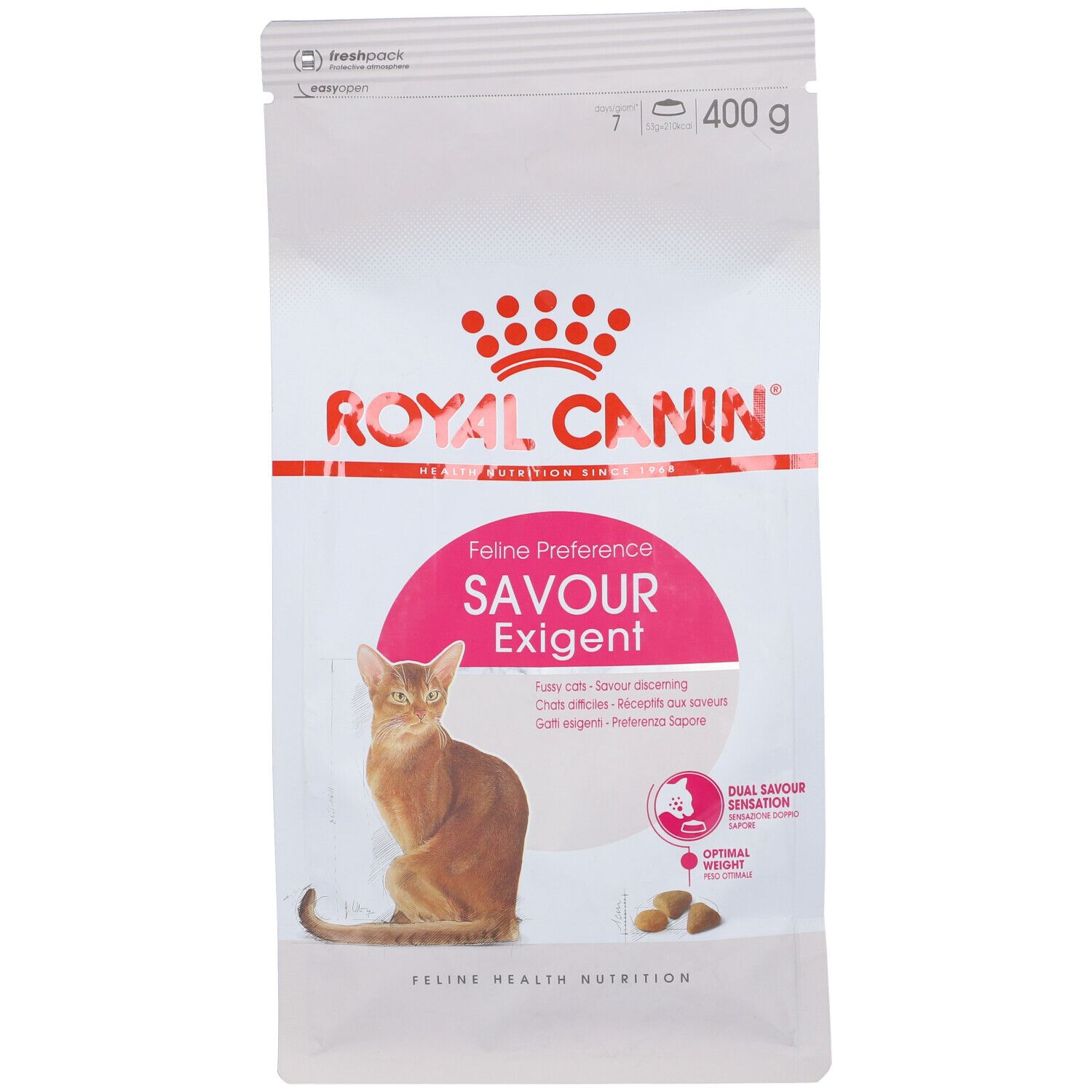 Verpackung Katzenfutter. Marke Royal Canin. Aufdruck: Feline Preference Savour Exigent. Abbildung einer Katze. 400 g.