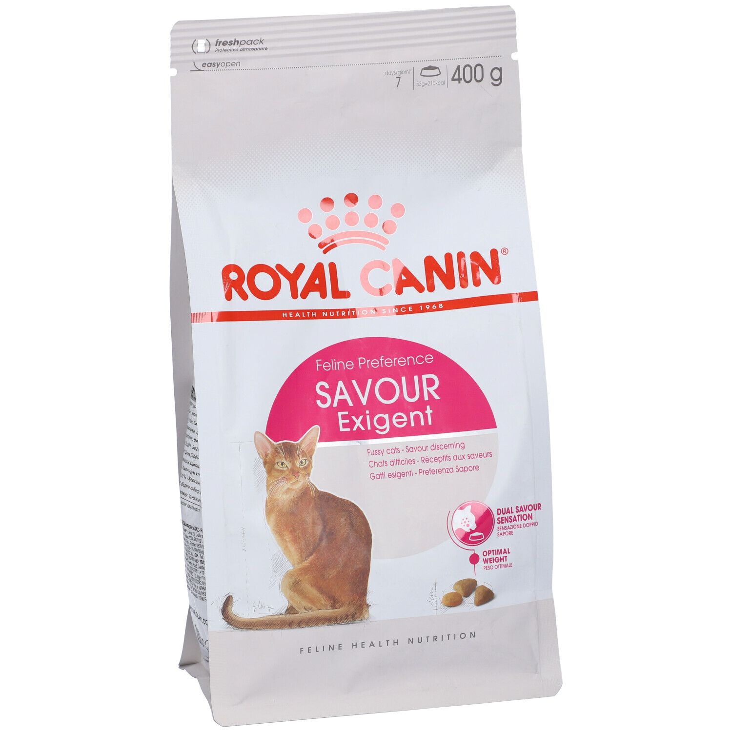 Verpackung Katzenfutter. Marke Royal Canin. Aufdruck: Feline Preference Savour Exigent. Abbildung einer Katze. 400 g.
