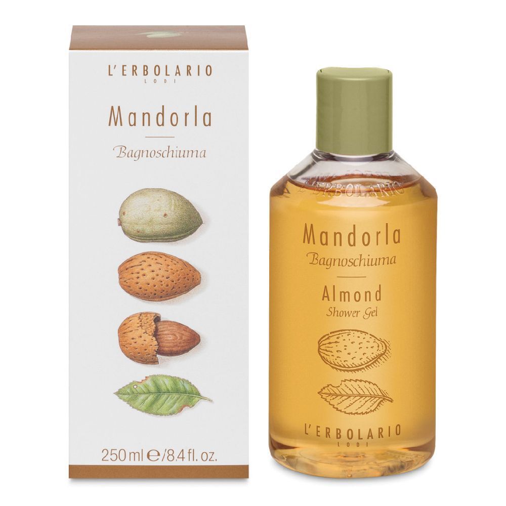 Bagnoschiuma Mandorla e confezione. Bottiglia con tappo verde, confezione con mandorle e foglie.