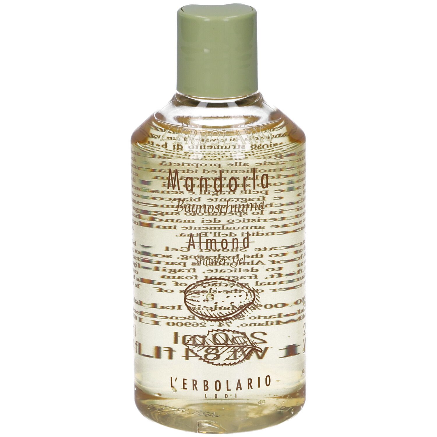 Flacone di gel doccia Mandorla con tappo verde. Testo sul flacone, illustrazione di mandorla.