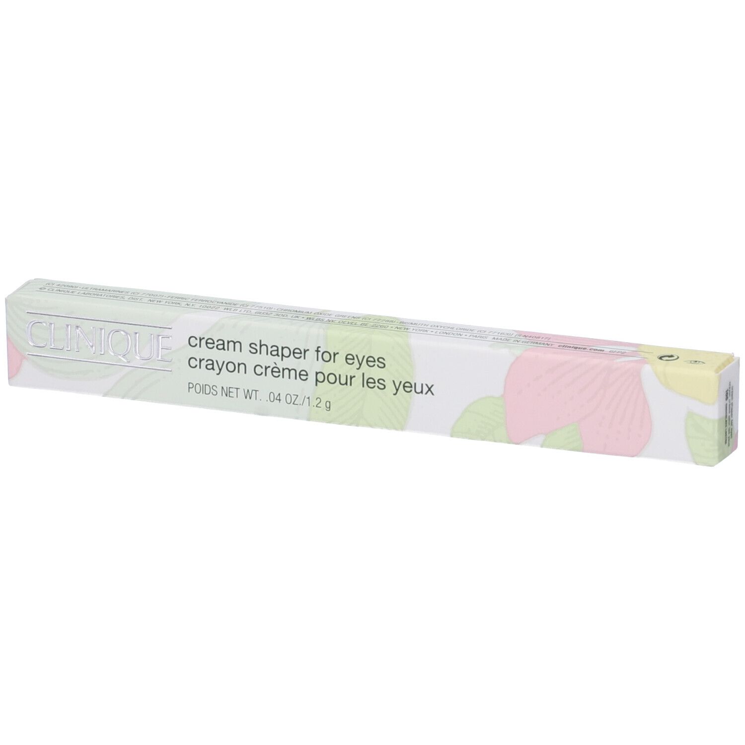 Clinique Cream Shaper™ For Eyes in confezione. Scritta: cream shaper for eyes, crayon crème pour les yeux. Peso netto: 04 OZ / 1.2 g.