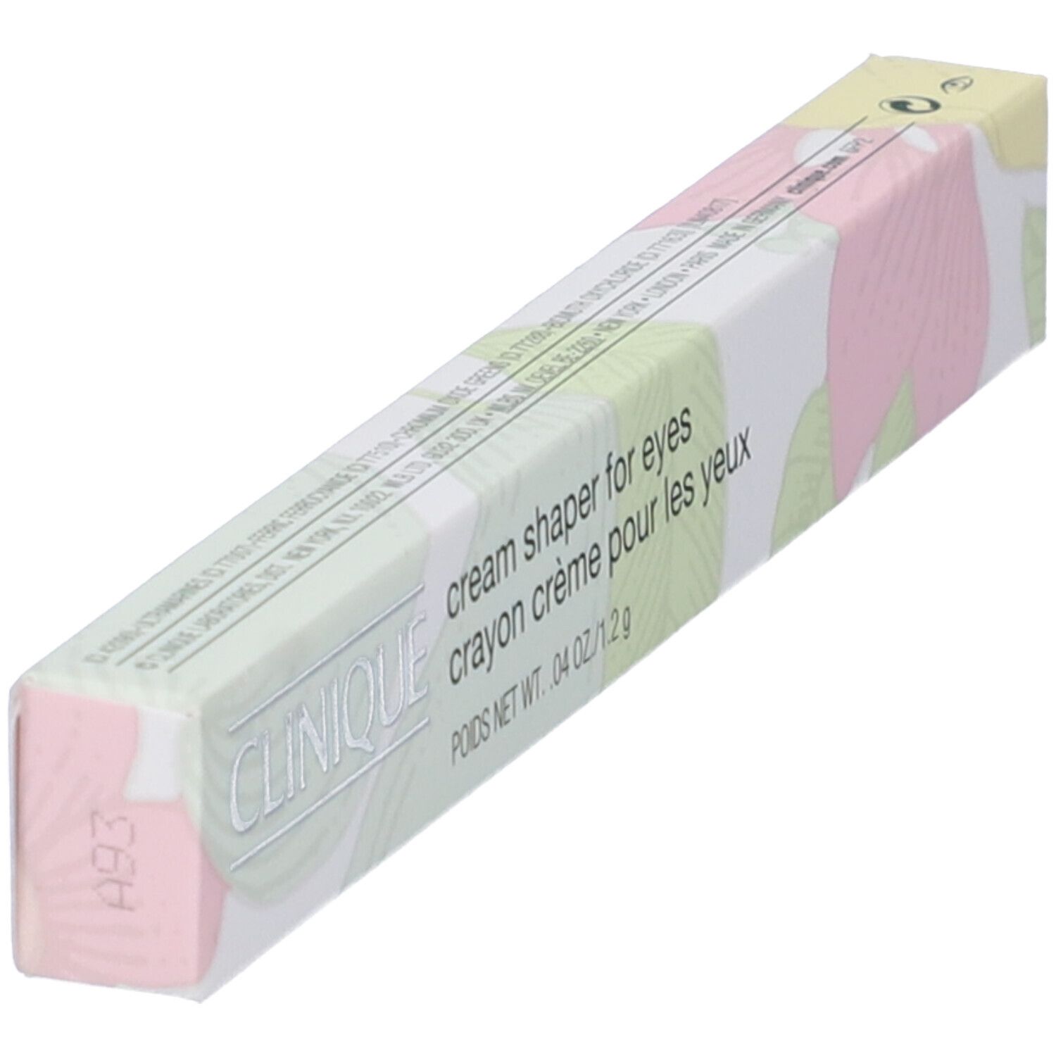 Clinique Cream Shaper™ For Eyes in confezione. Scritta: cream shaper for eyes, crayon crème pour les yeux. Peso netto: 04 OZ / 1.2 g.