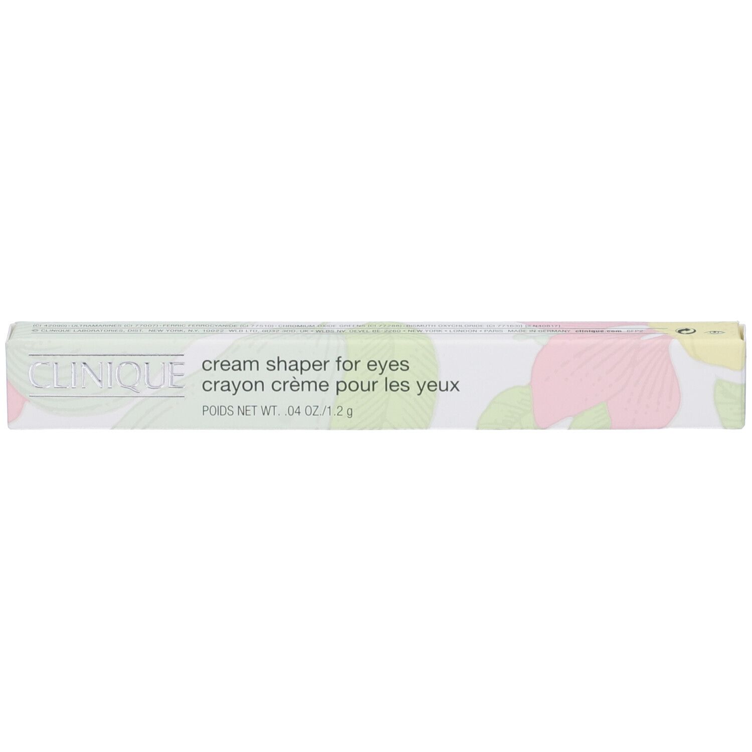 Clinique Cream Shaper™ For Eyes in confezione. Scritta: cream shaper for eyes, crayon crème pour les yeux. Peso netto: 04 OZ / 1.2 g.