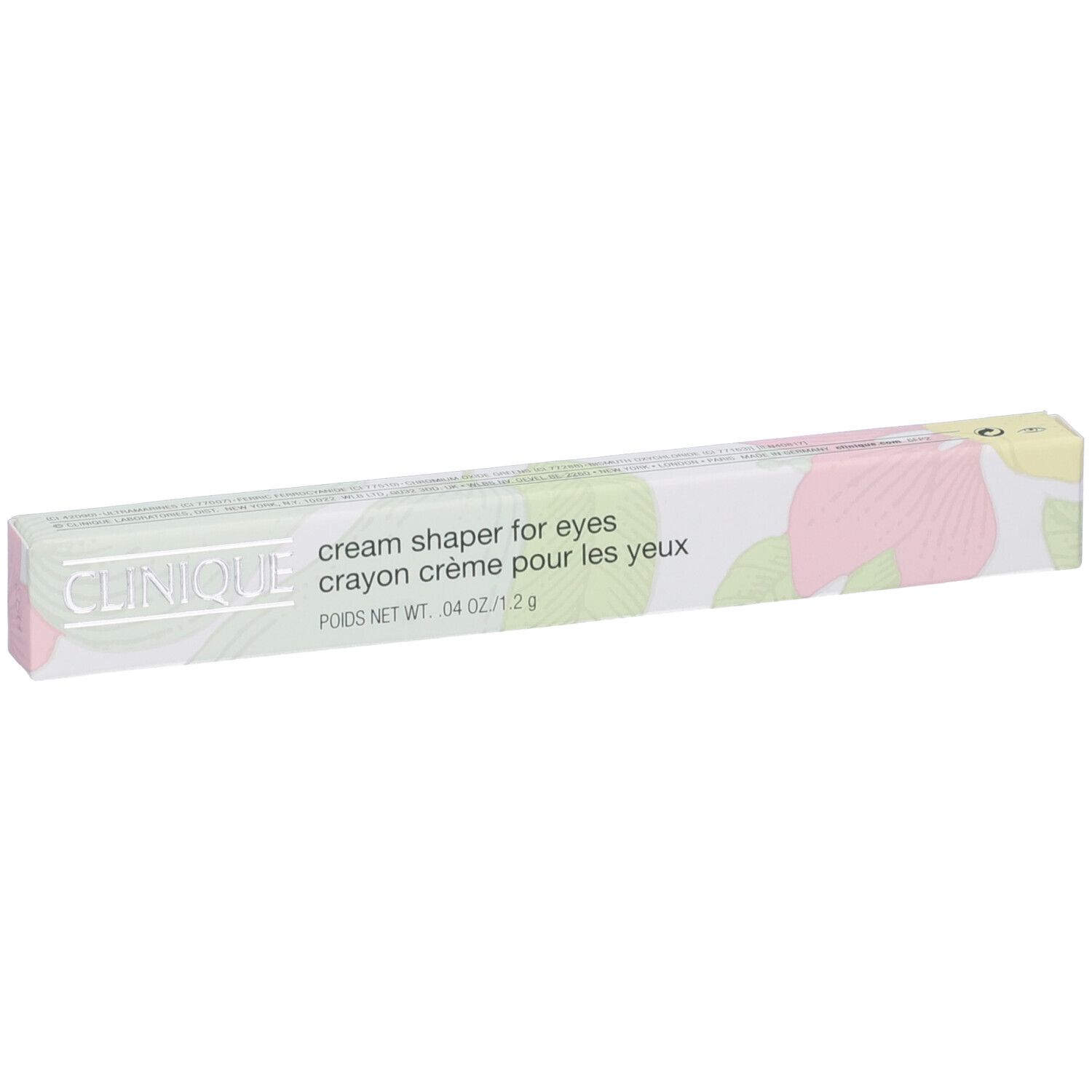 Clinique Cream Shaper™ For Eyes in confezione. Scritta: cream shaper for eyes, crayon crème pour les yeux. Peso netto: 04 OZ / 1.2 g.