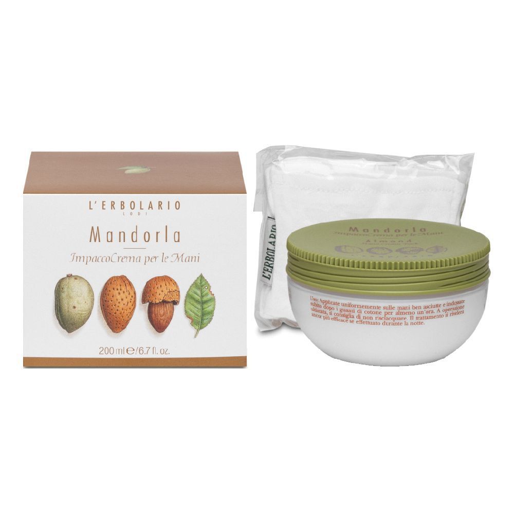 Confezione crema mani, barattolo e scatola. Barattolo con coperchio verde. Scatola con illustrazioni e testo del prodotto.