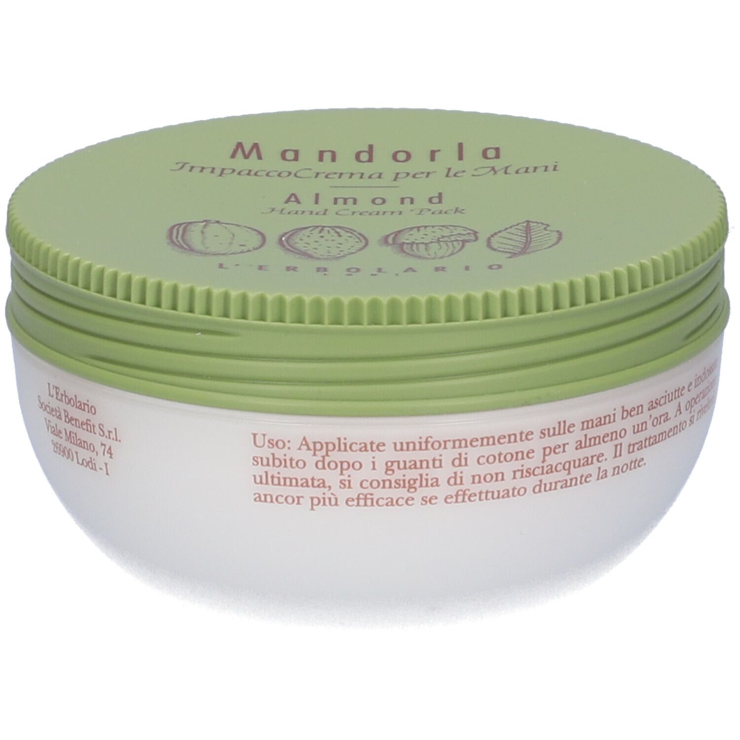 Confezione crema mani, barattolo con coperchio verde. Nome del prodotto e testo sul coperchio. Contenitore bianco.