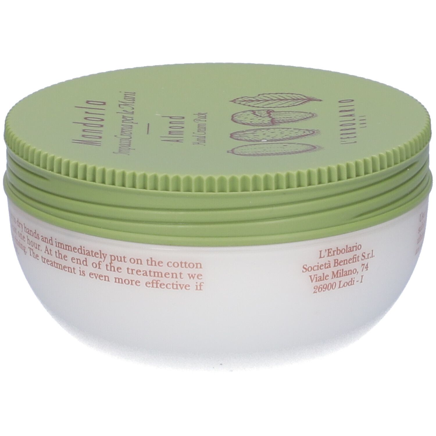 Confezione crema mani, barattolo con coperchio verde. Nome del prodotto e testo sul coperchio. Contenitore bianco.