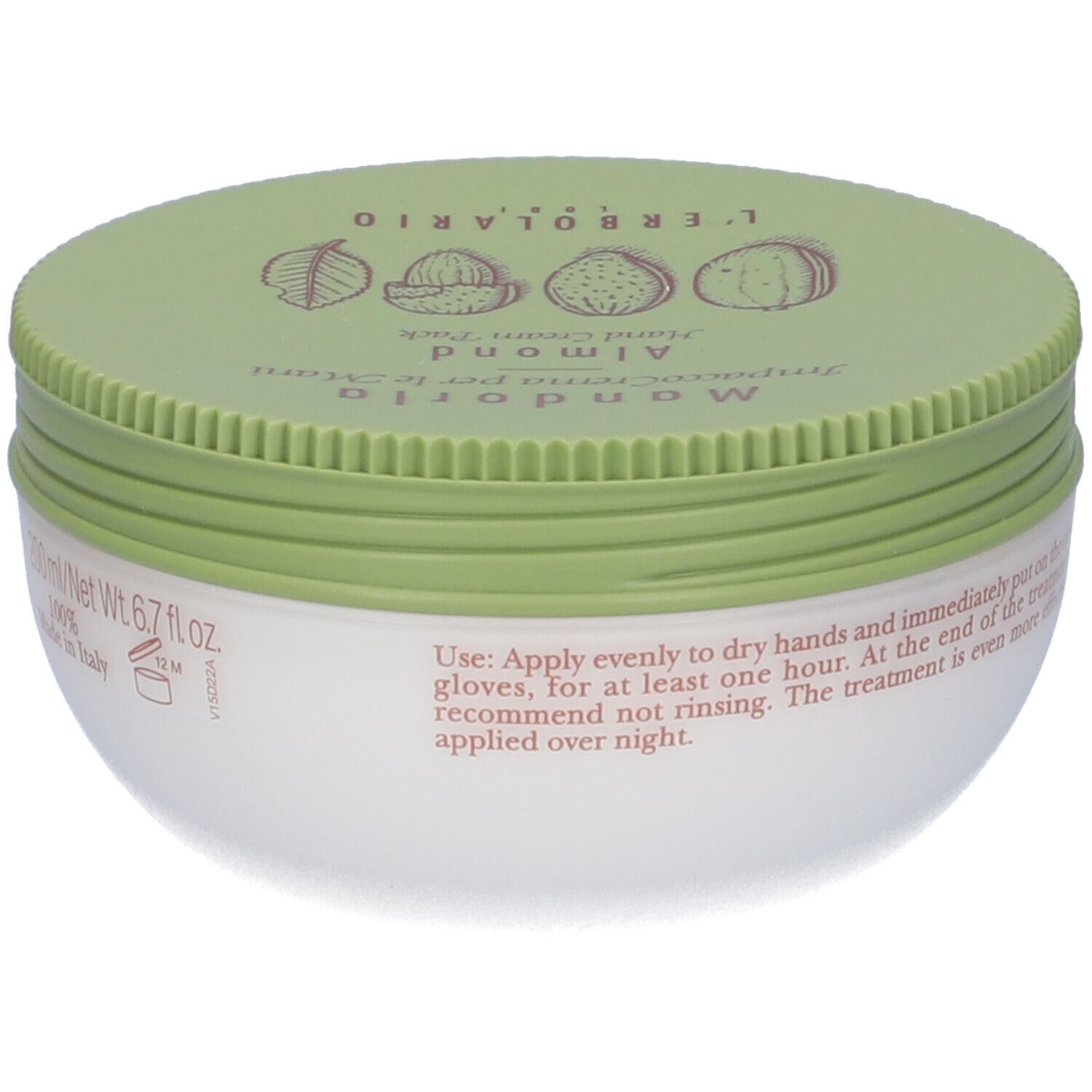 Confezione crema mani, barattolo con coperchio verde. Nome del prodotto e testo sul coperchio. Contenitore bianco.