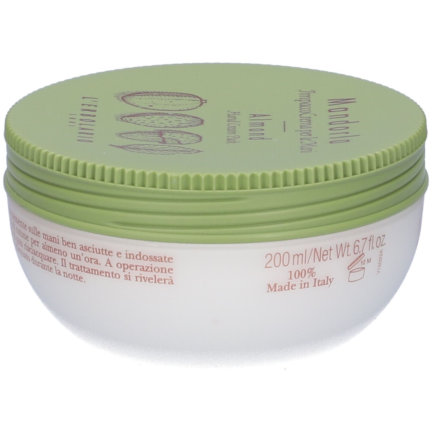 Confezione crema mani, barattolo con coperchio verde. Nome del prodotto e testo sul coperchio. Contenitore bianco.