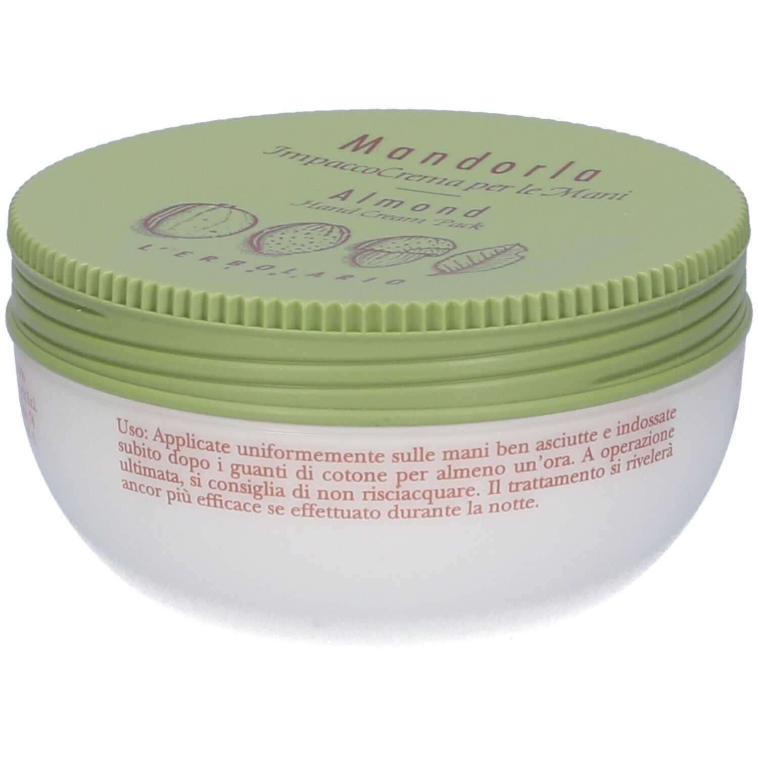 Confezione crema mani, barattolo con coperchio verde. Nome del prodotto e testo sul coperchio. Contenitore bianco.