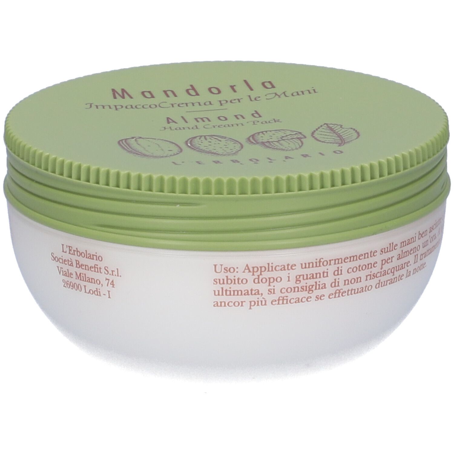 Confezione crema mani, barattolo con coperchio verde. Nome del prodotto e testo sul coperchio. Contenitore bianco.