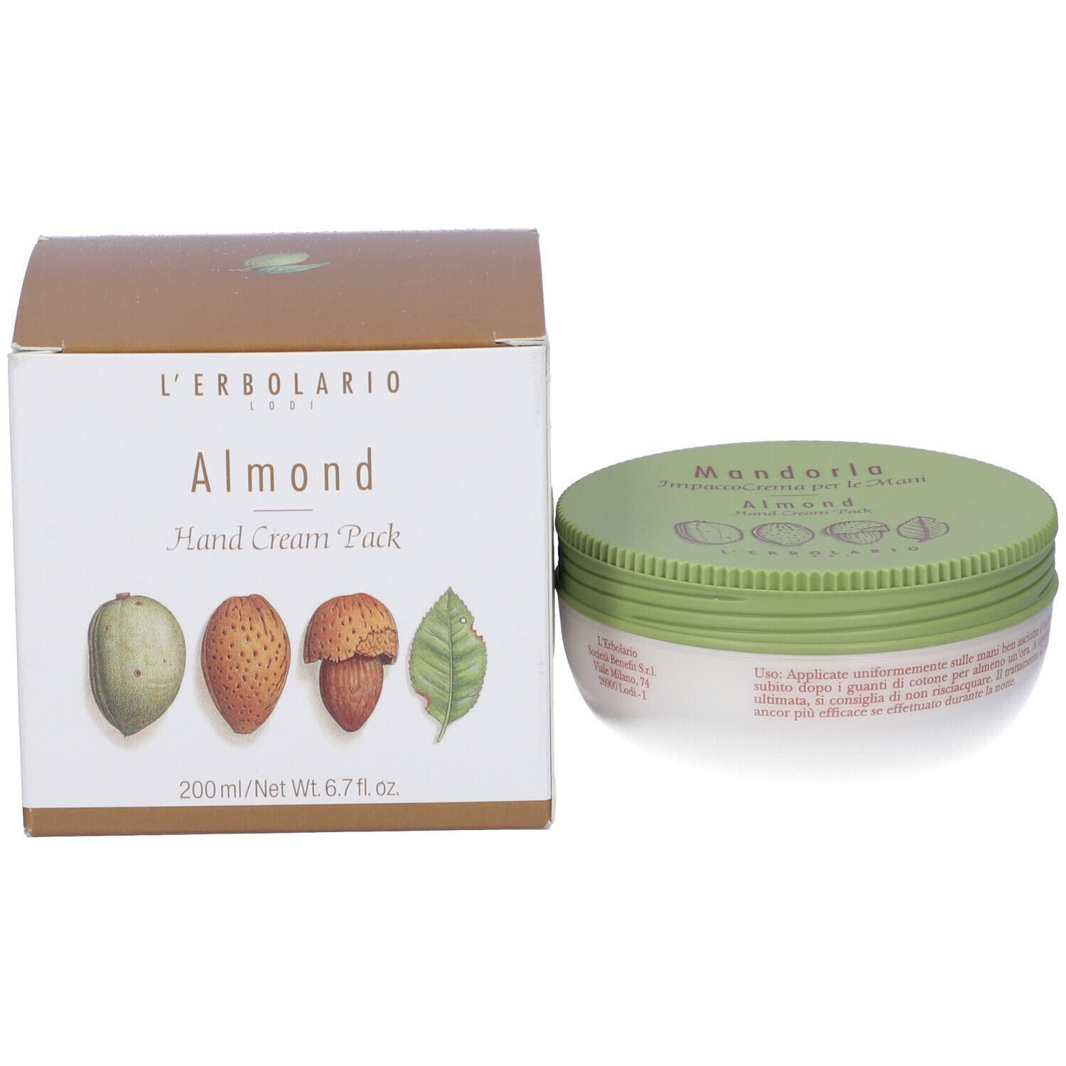 Confezione crema mani, barattolo e scatola. Barattolo con coperchio verde. Scatola con illustrazioni e testo del prodotto.