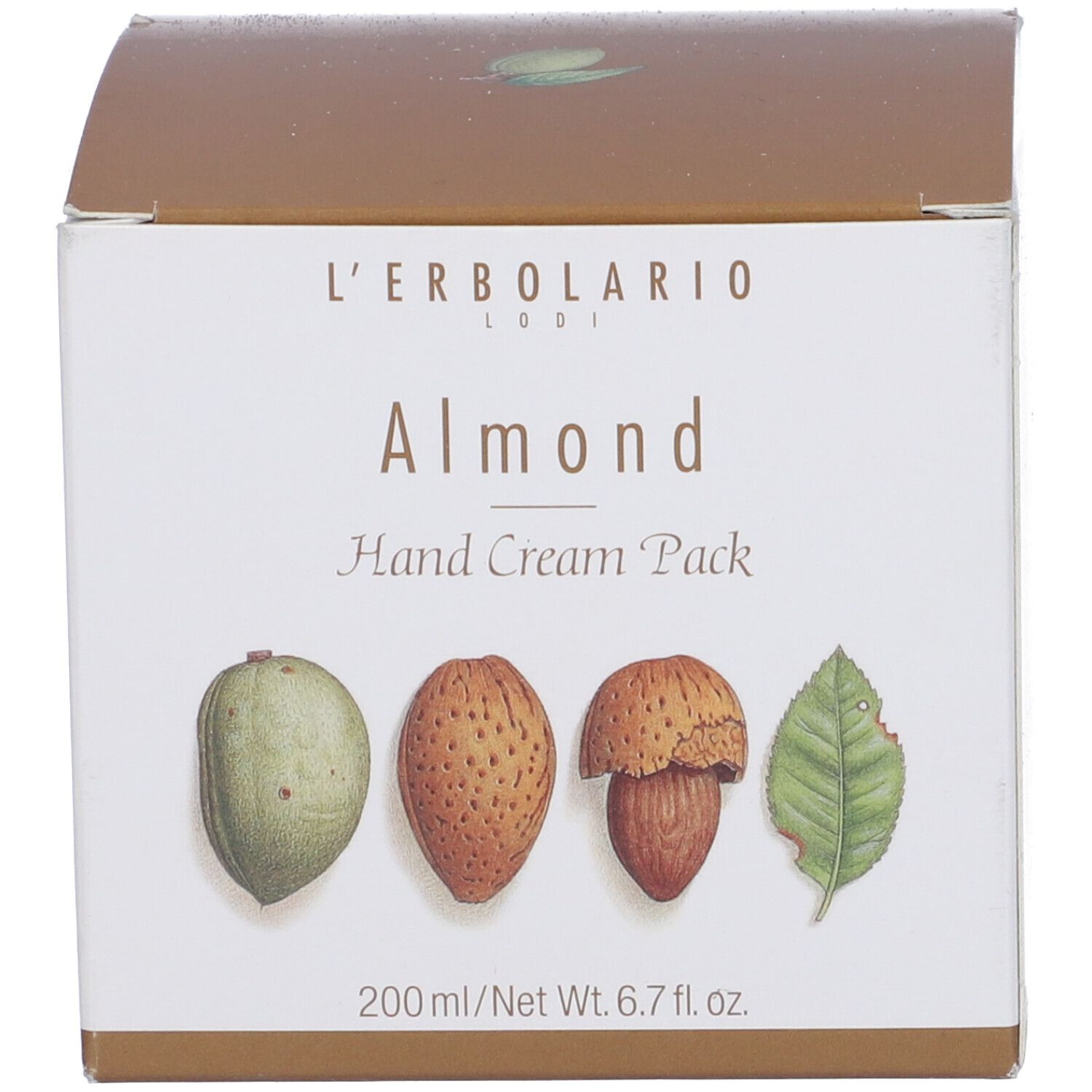 Scatola per confezione crema mani. Nome del prodotto e illustrazioni. Colori marrone e bianco.