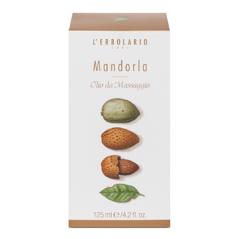 Scatola con illustrazione del prodotto e testo Mandorla Olio da Massaggio. 125 ml/4.2 fl. oz.