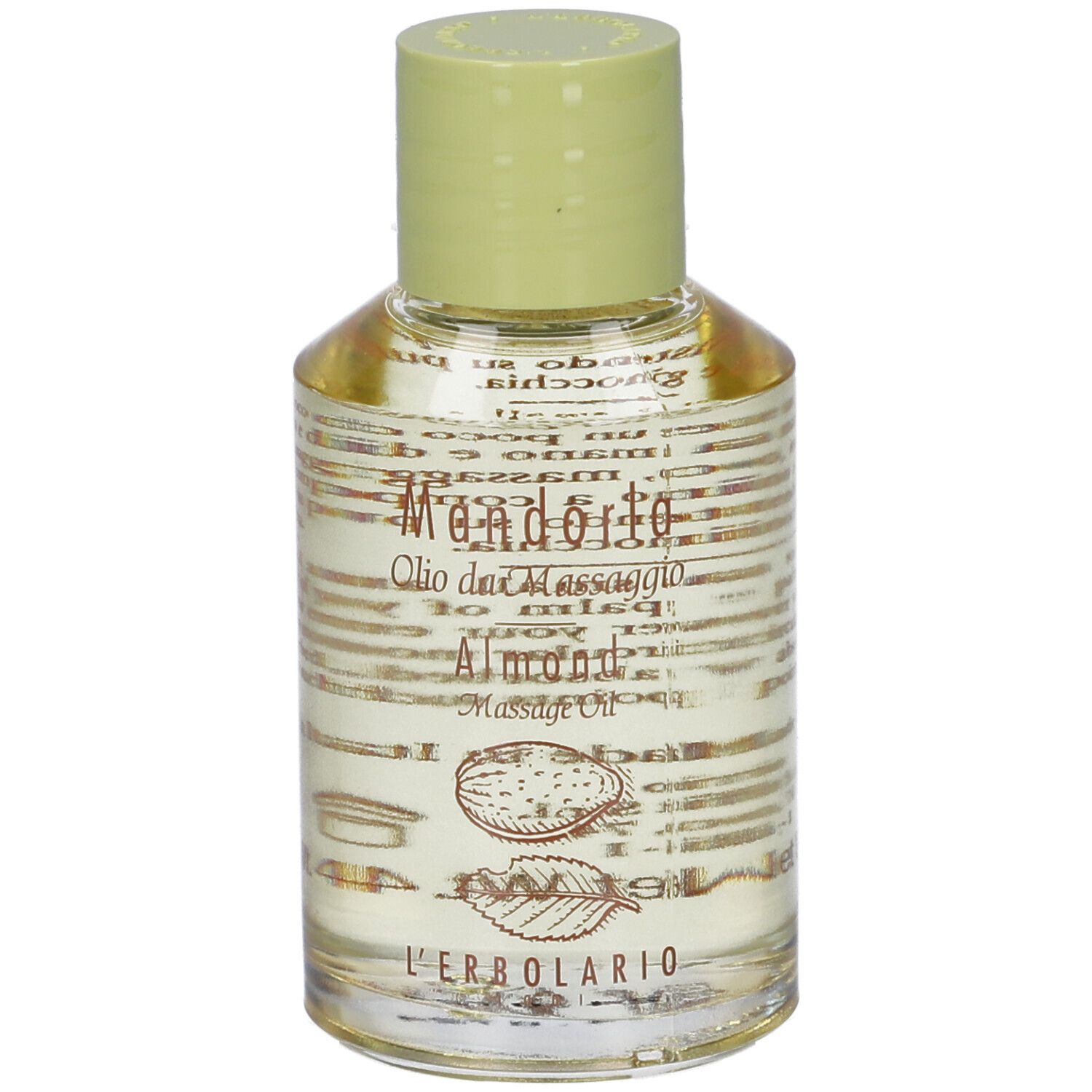 Piccola bottiglia di vetro con tappo verde. Scritta Mandorla Olio da Massaggio, Almond Massage Oil.