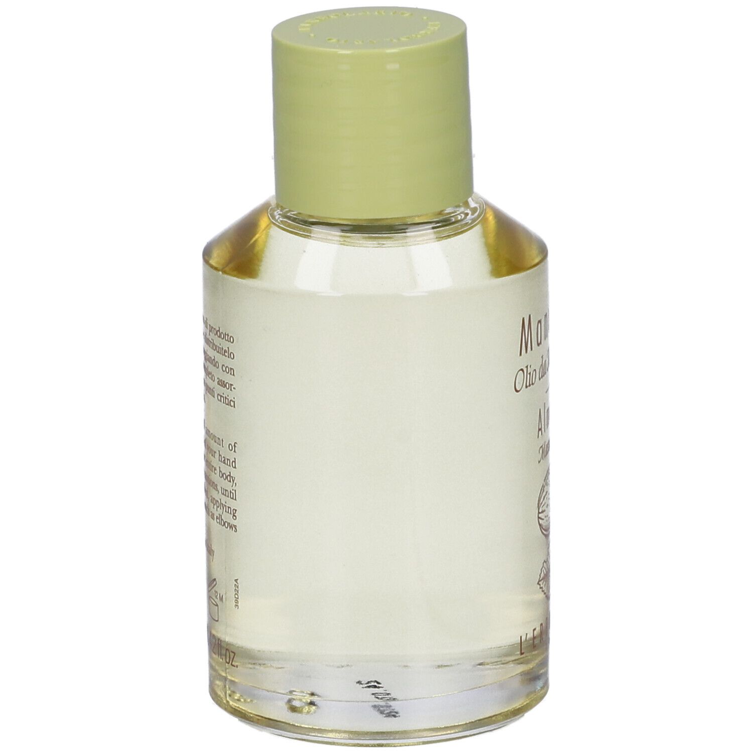 Piccola bottiglia di vetro con tappo verde. Scritta Mandorla Olio da Massaggio, Almond Massage Oil.