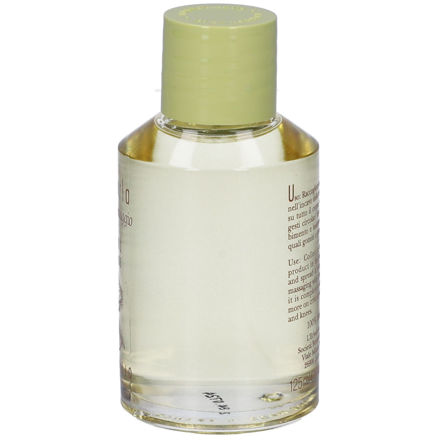 Piccola bottiglia di vetro con tappo verde. Scritta Mandorla Olio da Massaggio, Almond Massage Oil.