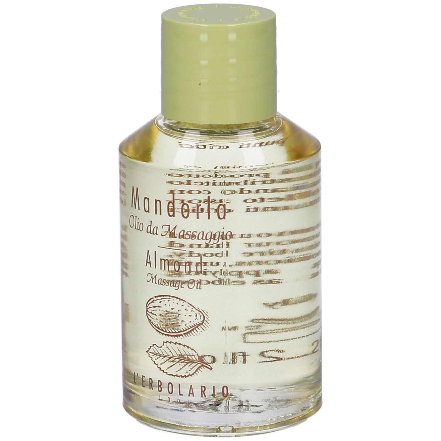 Piccola bottiglia di vetro con tappo verde. Scritta Mandorla Olio da Massaggio, Almond Massage Oil.