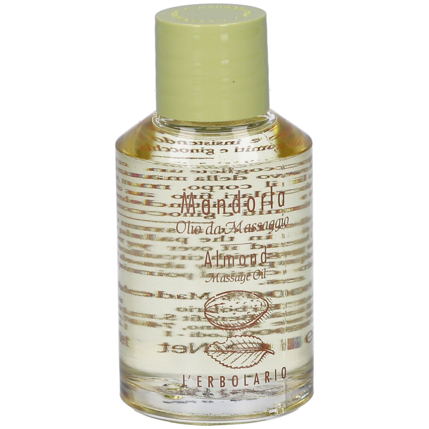 Piccola bottiglia di vetro con tappo verde. Scritta Mandorla Olio da Massaggio, Almond Massage Oil.