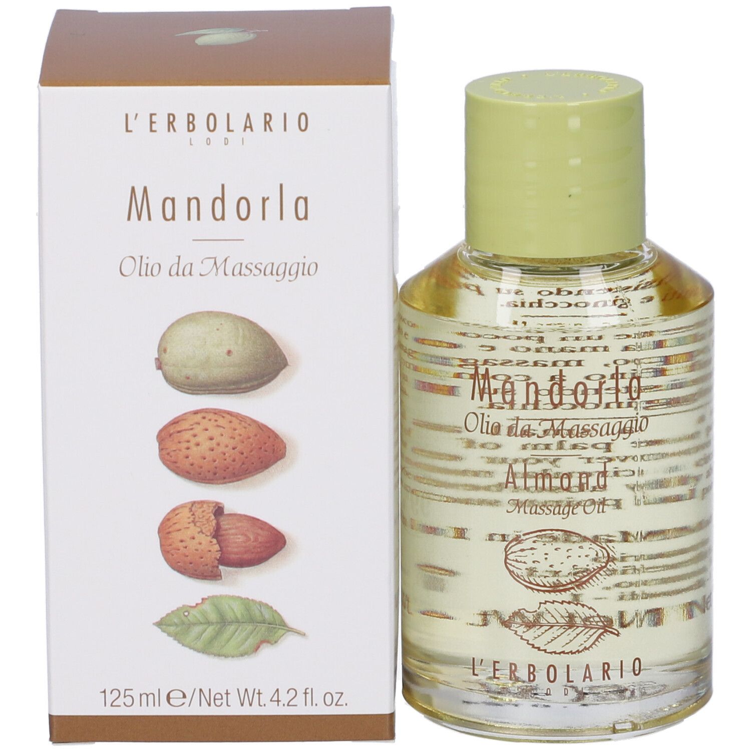 Bottiglia di vetro e scatola. Scritta Mandorla Olio da Massaggio, Almond Massage Oil. 125 ml/4.2 fl. oz.