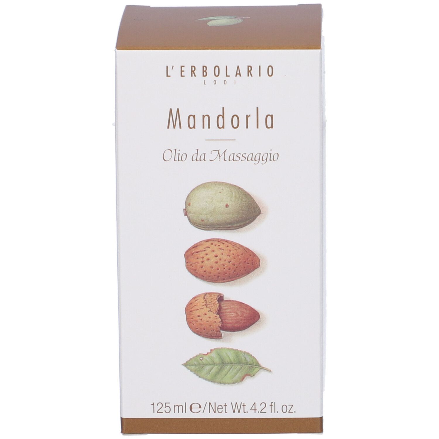 Scatola con illustrazione del prodotto e testo Mandorla Olio da Massaggio. 125 ml/4.2 fl. oz.