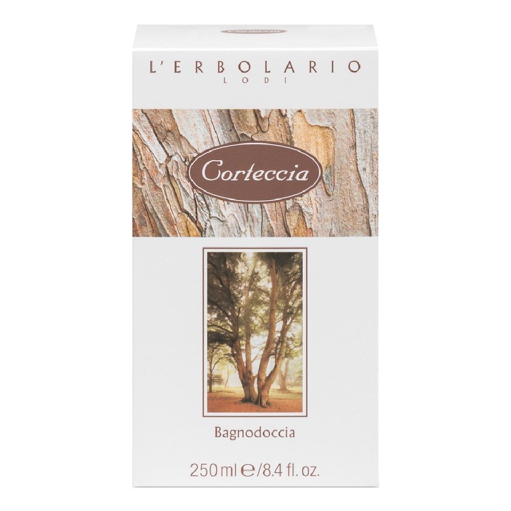 Scatola bianca con nome Corteccia. Logo L'Erbolario. Immagine corteccia e paesaggio. Testo: Bagnodoccia, 250 ml.