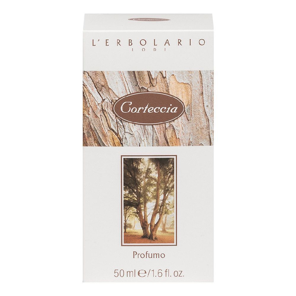 Confezione in cartone. In alto: logo L'ERBOLARIO LODI. Al centro: scritta Corteccia. In basso: immagine paesaggio e scritta Profumo. Volume: 50 ml.