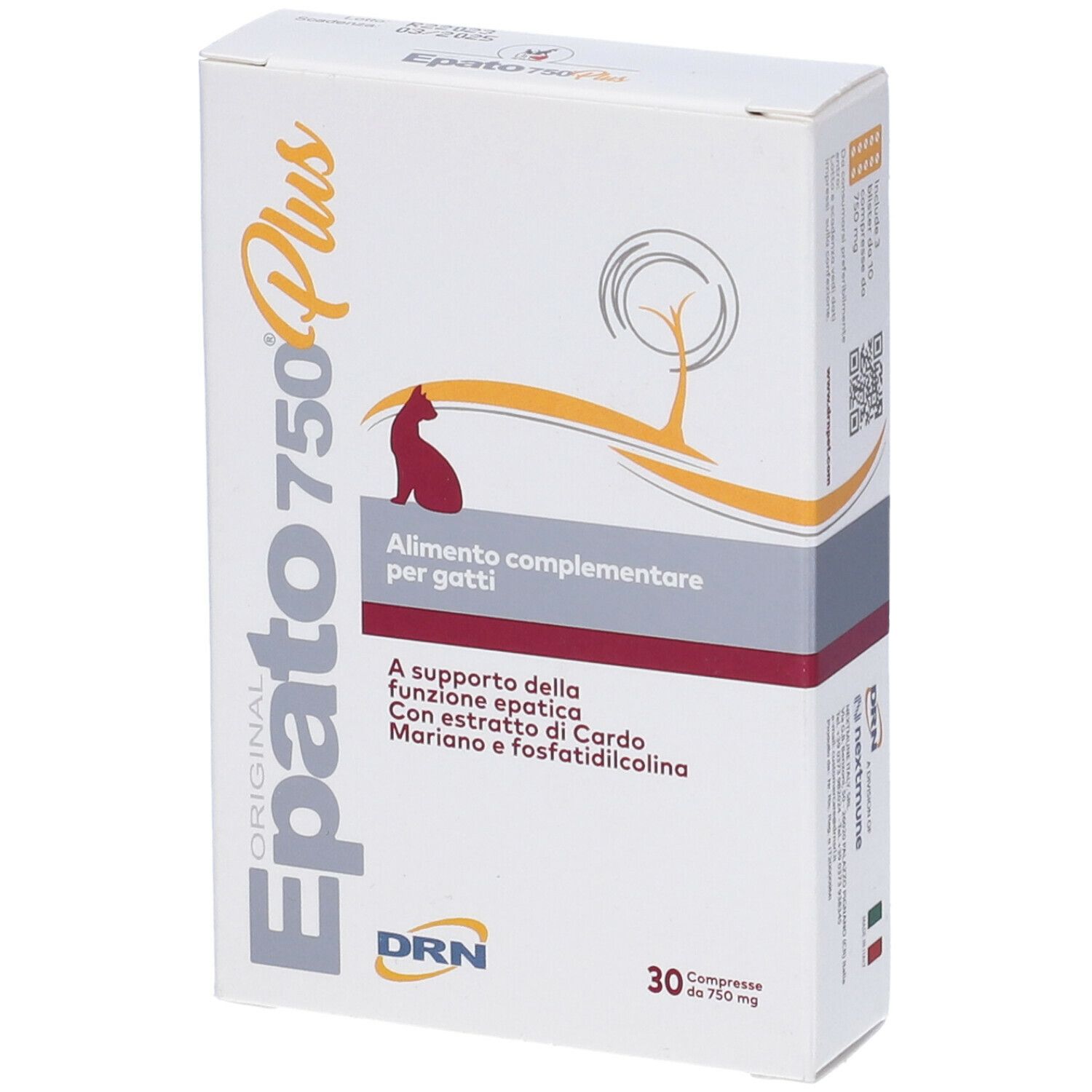 Alimento complementare per gatti. Confezione con nome e logo del prodotto. Contiene 30 compresse.