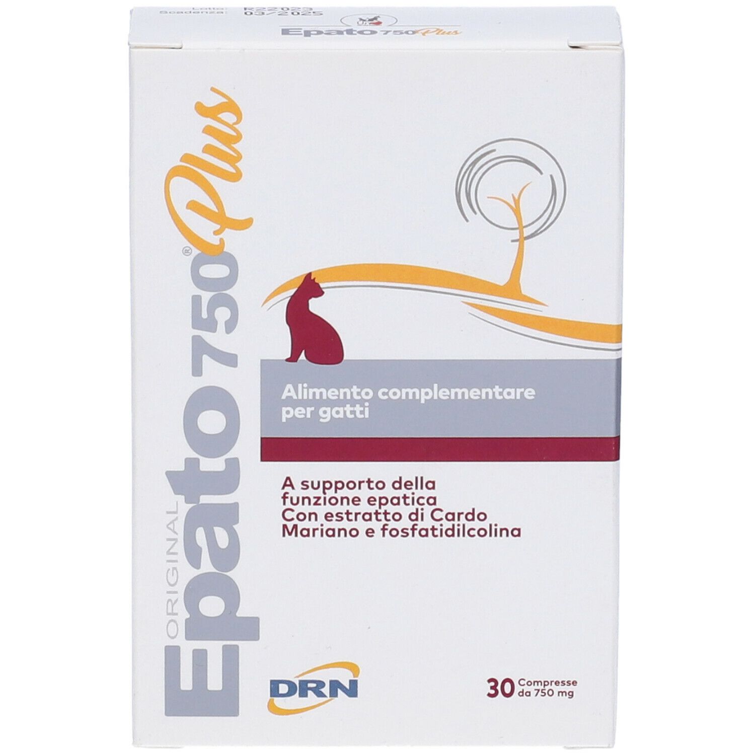 Alimento complementare per gatti. Confezione con nome e logo del prodotto. Contiene 30 compresse.