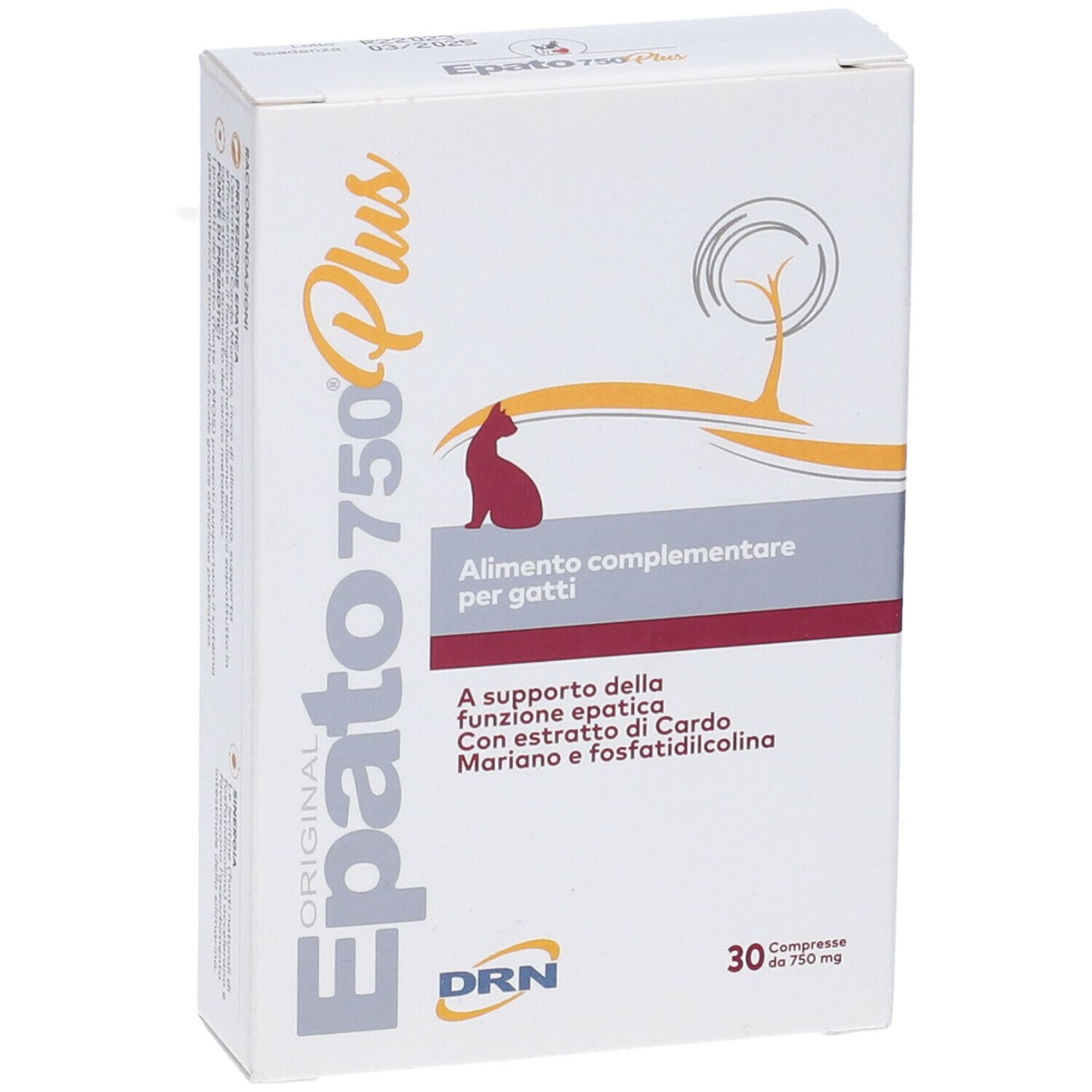 Alimento complementare per gatti. Confezione con nome e logo del prodotto. Contiene 30 compresse.