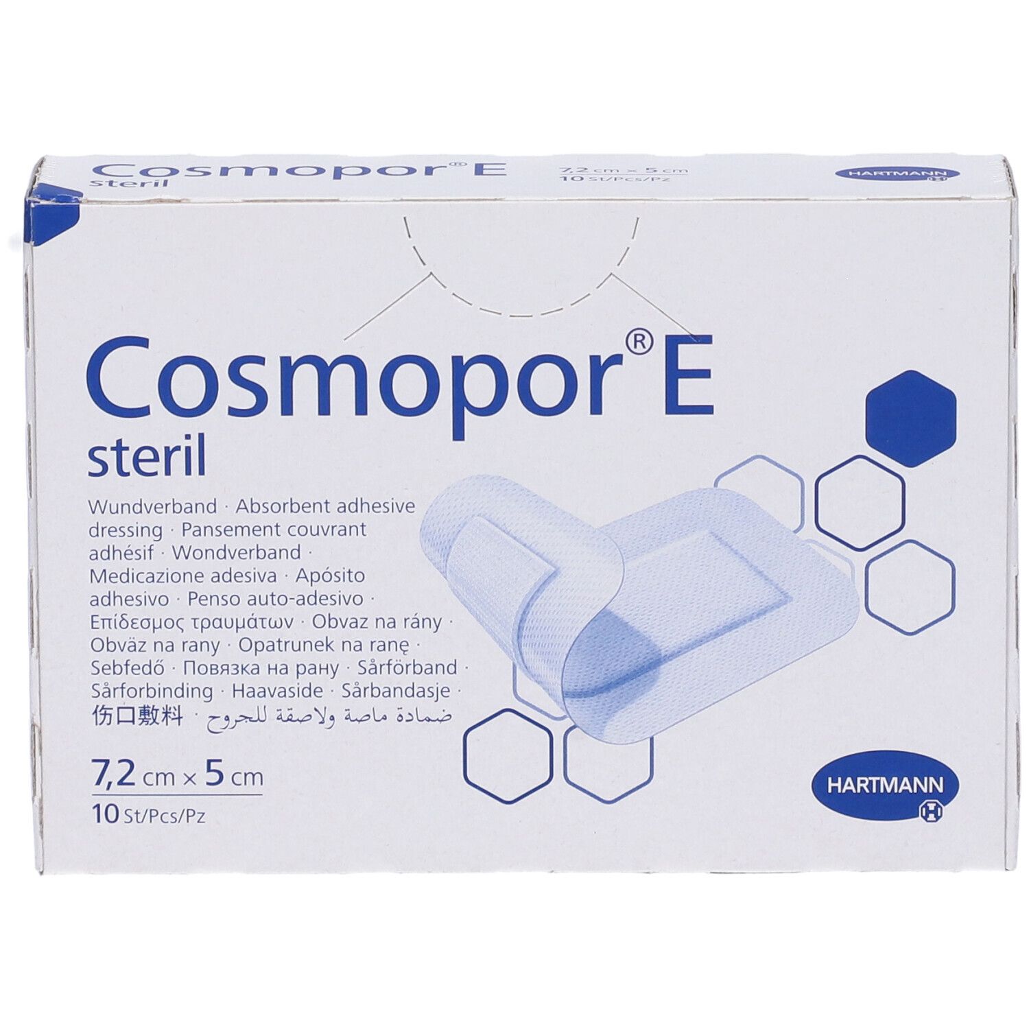 Verpackung von Cosmopor® E steril. Produktname, Marke Hartmann und Produkt abgebildet. Größe: 7,2 cm x 5 cm. 10 Stück pro Packung.