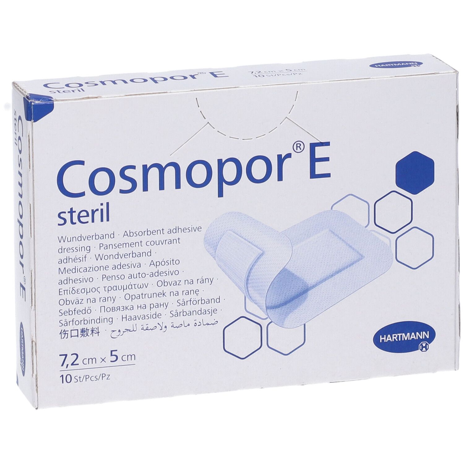 Verpackung von Cosmopor® E steril. Produktname, Marke Hartmann und Produkt abgebildet. Größe: 7,2 cm x 5 cm. 10 Stück pro Packung.