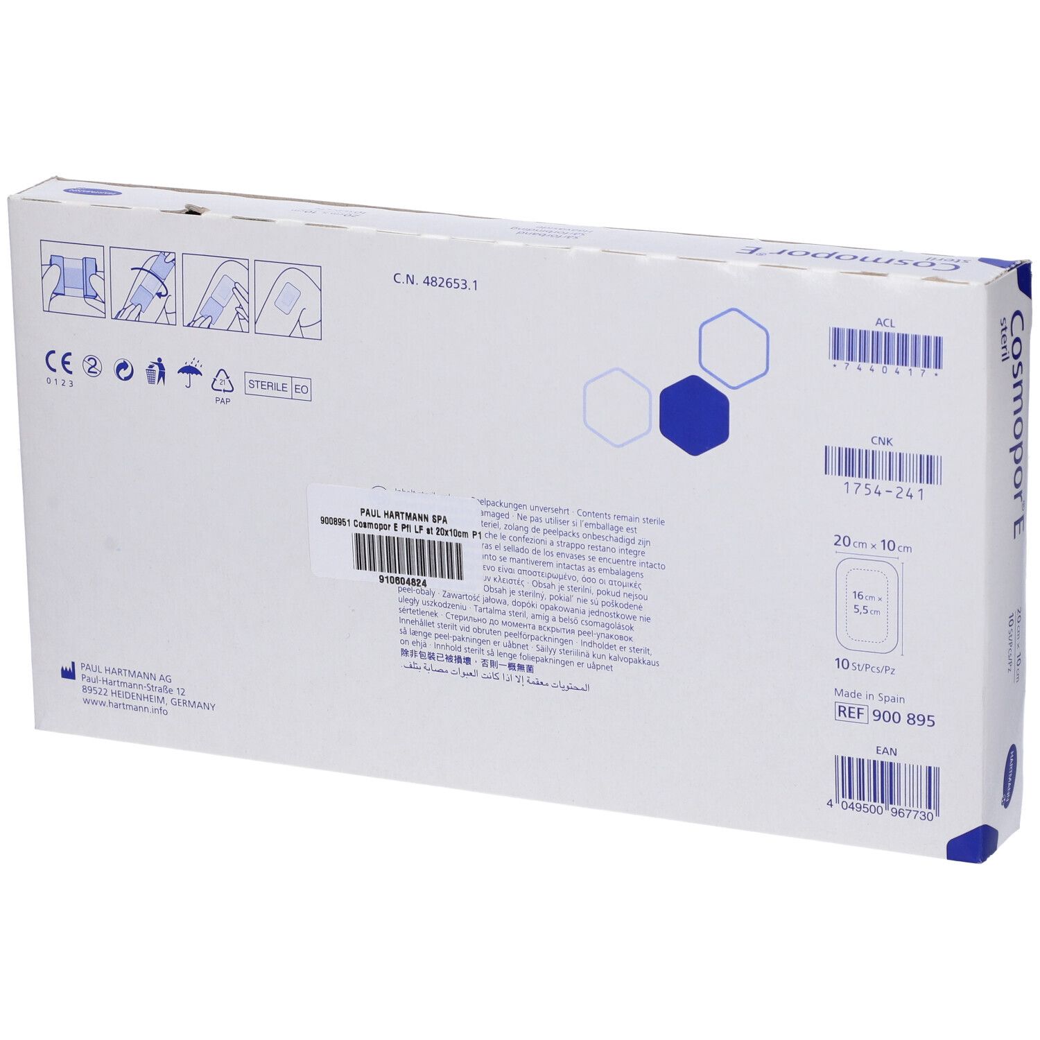 Rückseite der Cosmopor E Verpackung. Produktinformationen, Herstelleradresse, Chargennummer, CE-Kennzeichnung und Größenangaben.