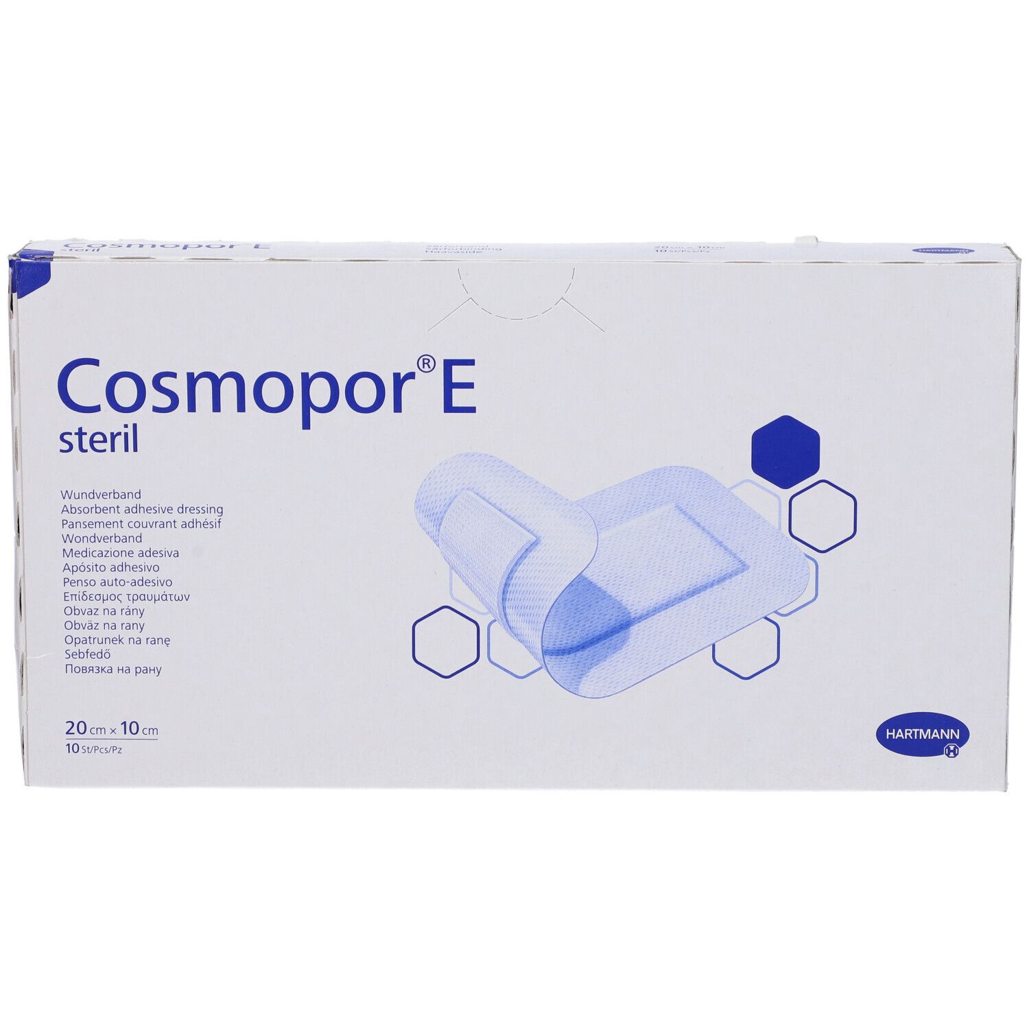 Verpackung von Cosmopor E, sterile Wundauflage. Produktname, Größe und Hartmann Logo sind deutlich sichtbar.