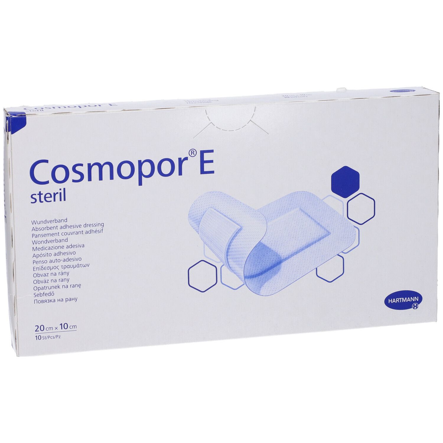 Verpackung von Cosmopor E, sterile Wundauflage. Produktname, Größe und Hartmann Logo sind deutlich sichtbar.
