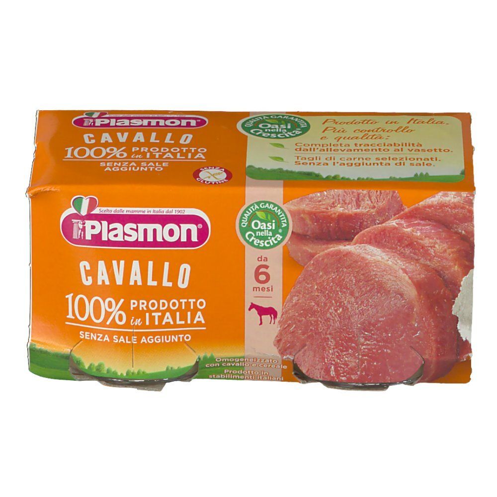 Verpackung mit zwei Gläsern Plasmon Cavallo, 100% Produkt aus Italien. Ohne Salzzusatz. Mit Fleischscheiben.