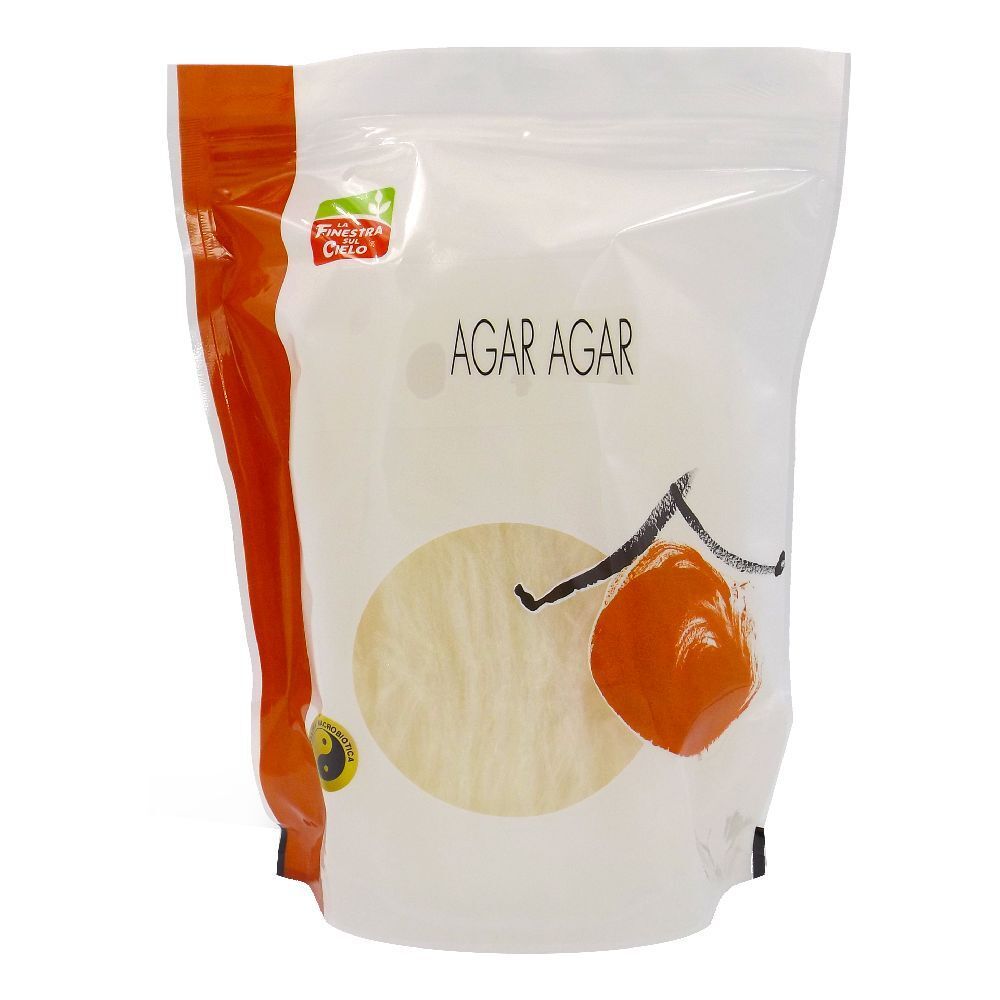 Confezione di Agar Agar. Scritta: Agar Agar. Logo e illustrazione di un frutto.