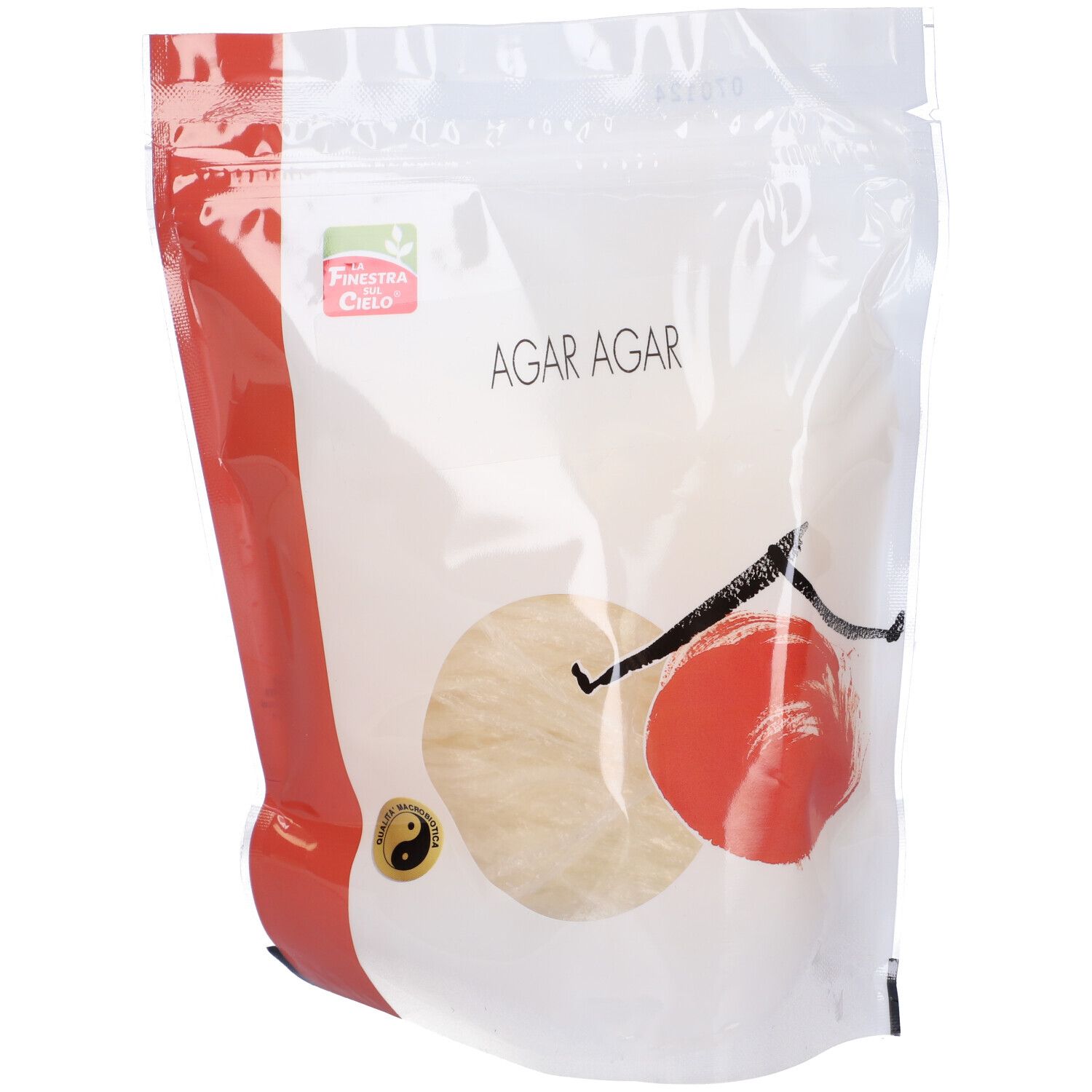 Confezione di Agar Agar. Scritta: Agar Agar. Logo e illustrazione di un frutto.