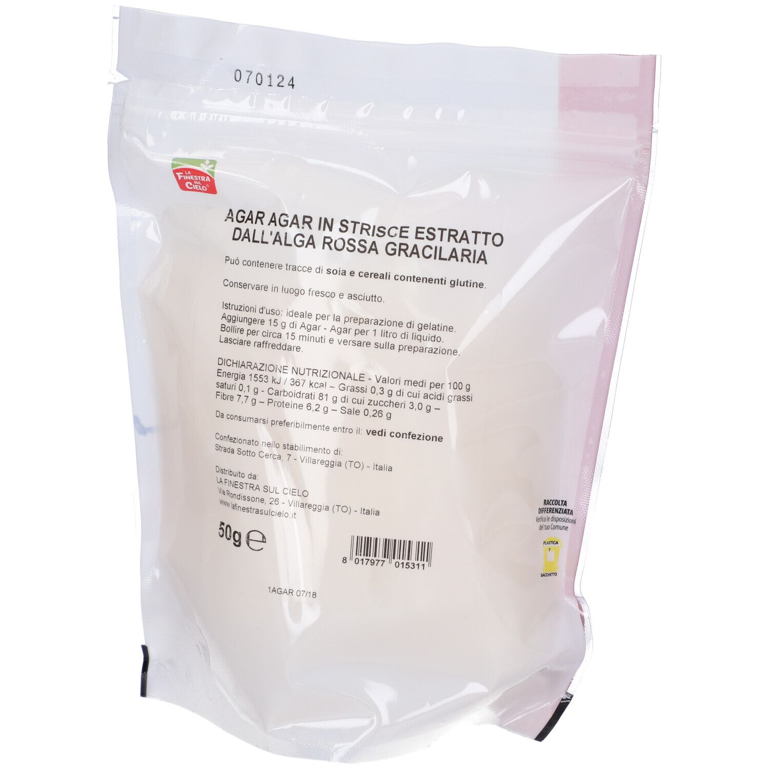 Confezione di Agar Agar. Testo e informazioni nutrizionali. Scritta: 50g e.