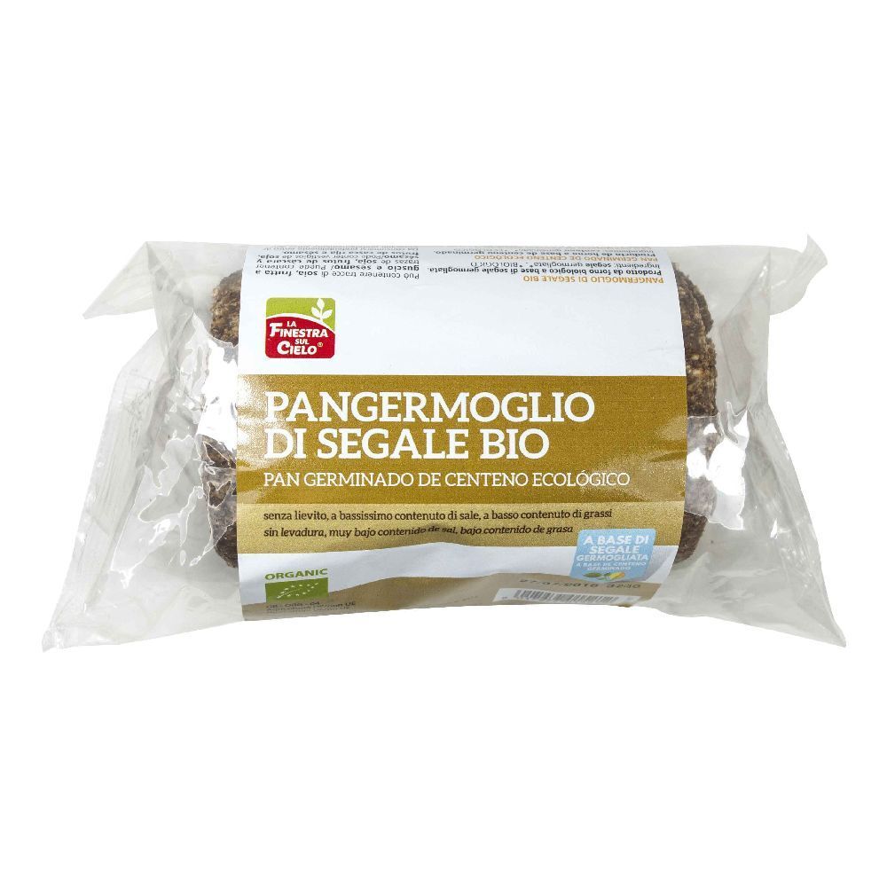 Pane confezionato. Scritta: Pangermoglio di Segale BIO, Pan germinado de centeno ecologico. Sigillo bio.