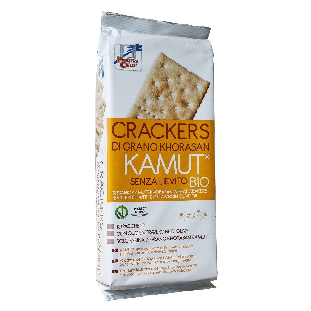 Confezione di cracker. Scritta: Crackers di Grano Khorasan Kamut, senza lievito, bio. Con olio d'oliva.