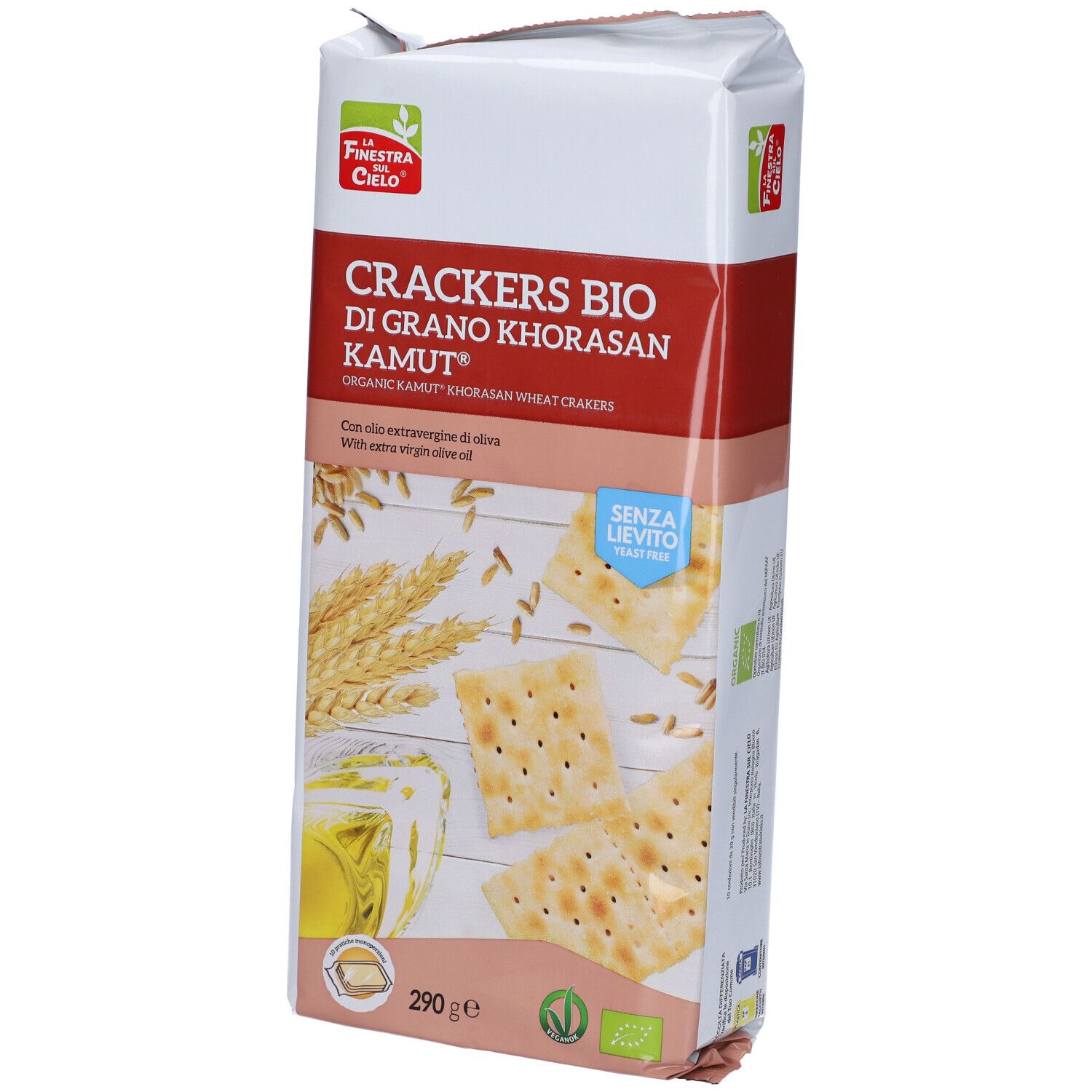 Confezione di cracker. Scritta: Crackers Bio di Grano Khorasan Kamut. Con olio d'oliva. 290g. Certificazione bio.