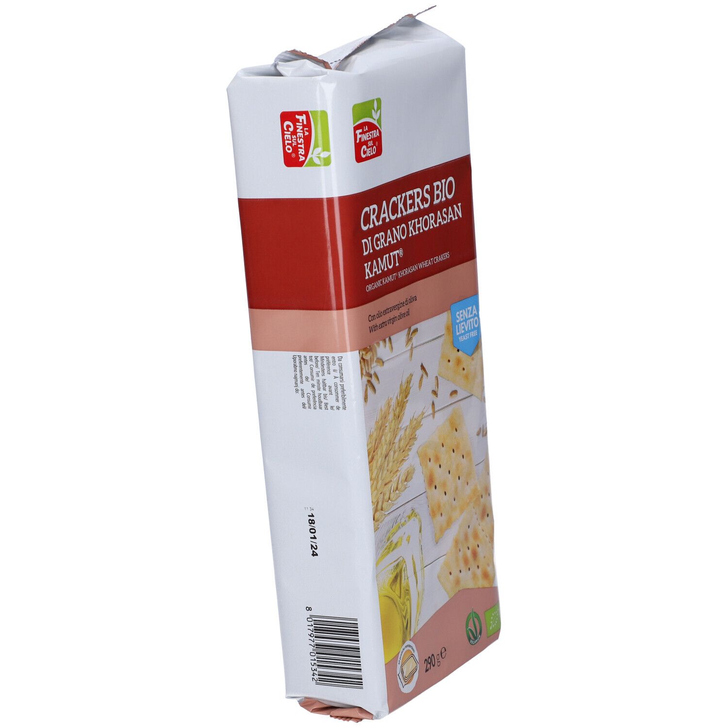 Confezione di cracker. Scritta: Crackers Bio di Grano Khorasan Kamut. Con olio d'oliva. 290g. Certificazione bio.