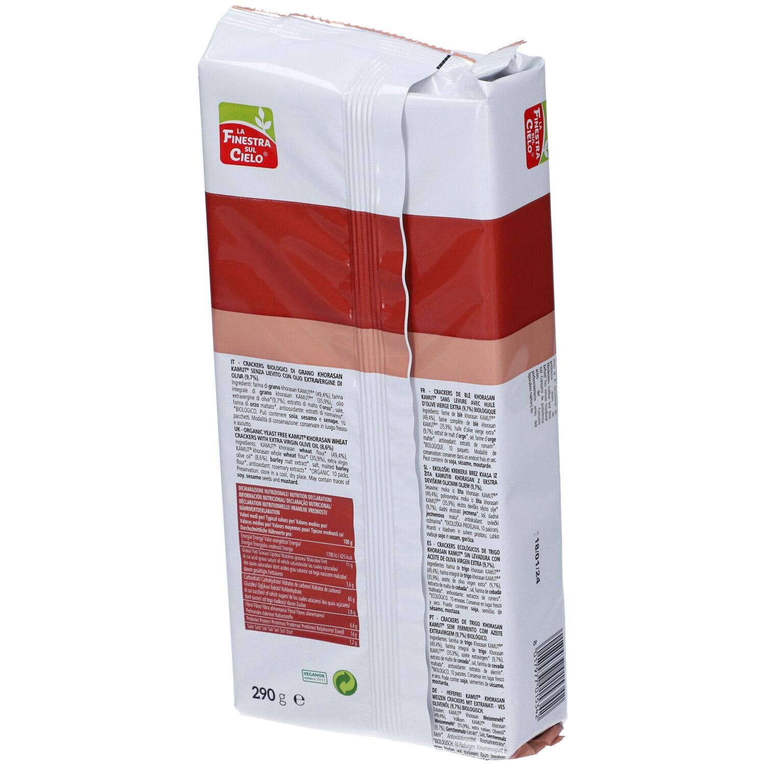 Confezione di cracker. Scritta: Crackers Bio di Grano Khorasan Kamut. Con olio d'oliva. 290g. Certificazione bio.